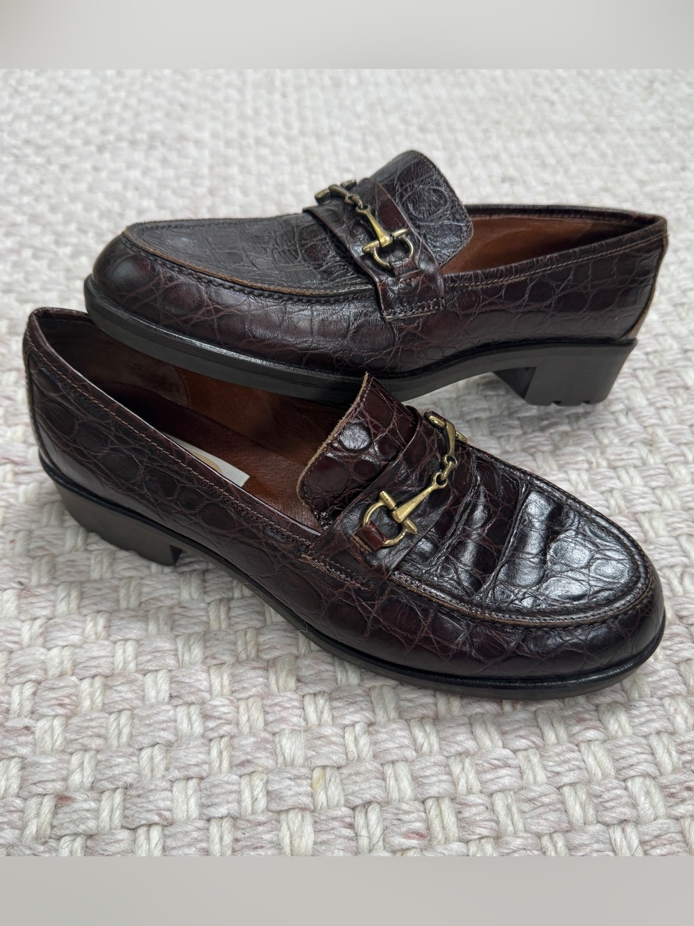 Talbots Brown Leather Croc Embossed Horsebit Loafers Made Italy Old Money 7.5M